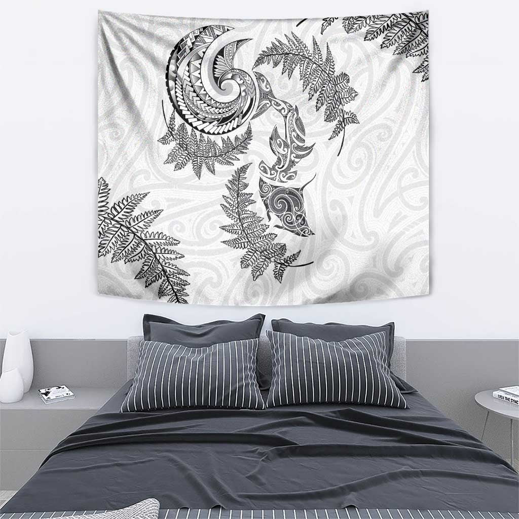 New Zealand Sea Animals with Maori Tribal Tattoo Tapestry Shark Manta Ray with Silver Fern White LT03 - Polynesian Pride