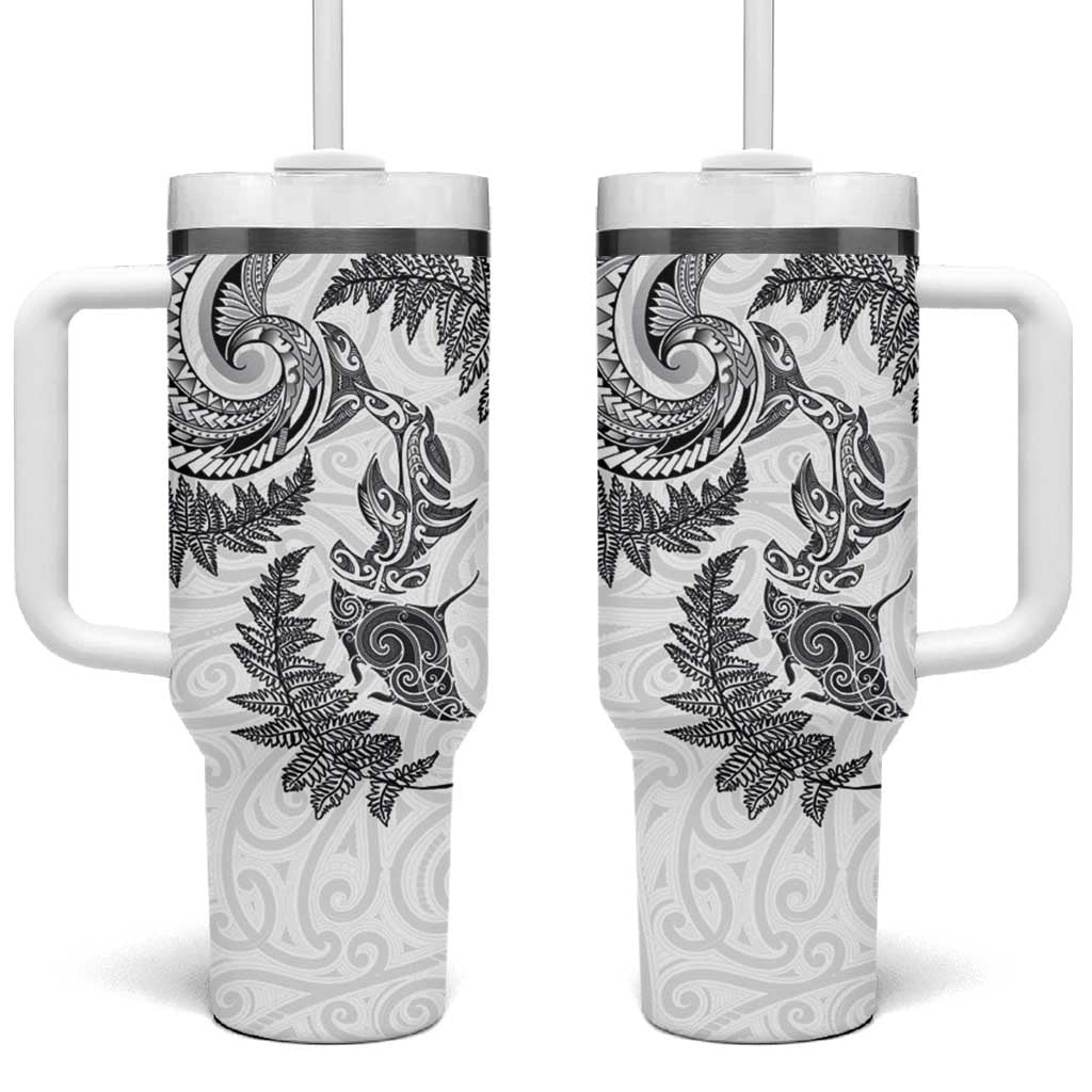 New Zealand Sea Animals with Maori Tribal Tattoo Tumbler With Handle Shark Manta Ray with Silver Fern White