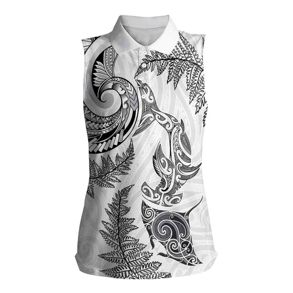 New Zealand Sea Animals with Maori Tribal Tattoo Women Sleeveless Polo Shirt Shark Manta Ray with Silver Fern White LT03 Female White - Polynesian Pride