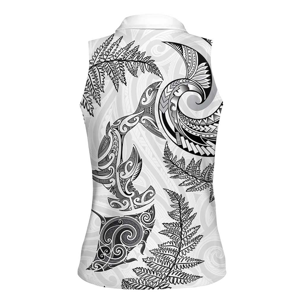 New Zealand Sea Animals with Maori Tribal Tattoo Women Sleeveless Polo Shirt Shark Manta Ray with Silver Fern White LT03 - Polynesian Pride