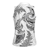 New Zealand Sea Animals with Maori Tribal Tattoo Women Sleeveless Polo Shirt Shark Manta Ray with Silver Fern White LT03 - Polynesian Pride