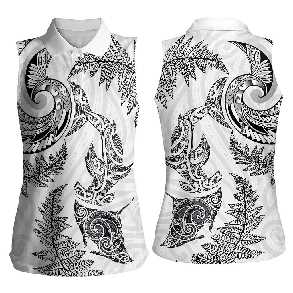 New Zealand Sea Animals with Maori Tribal Tattoo Women Sleeveless Polo Shirt Shark Manta Ray with Silver Fern White LT03 - Polynesian Pride