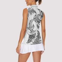 New Zealand Sea Animals with Maori Tribal Tattoo Women Sleeveless Polo Shirt Shark Manta Ray with Silver Fern White LT03 - Polynesian Pride