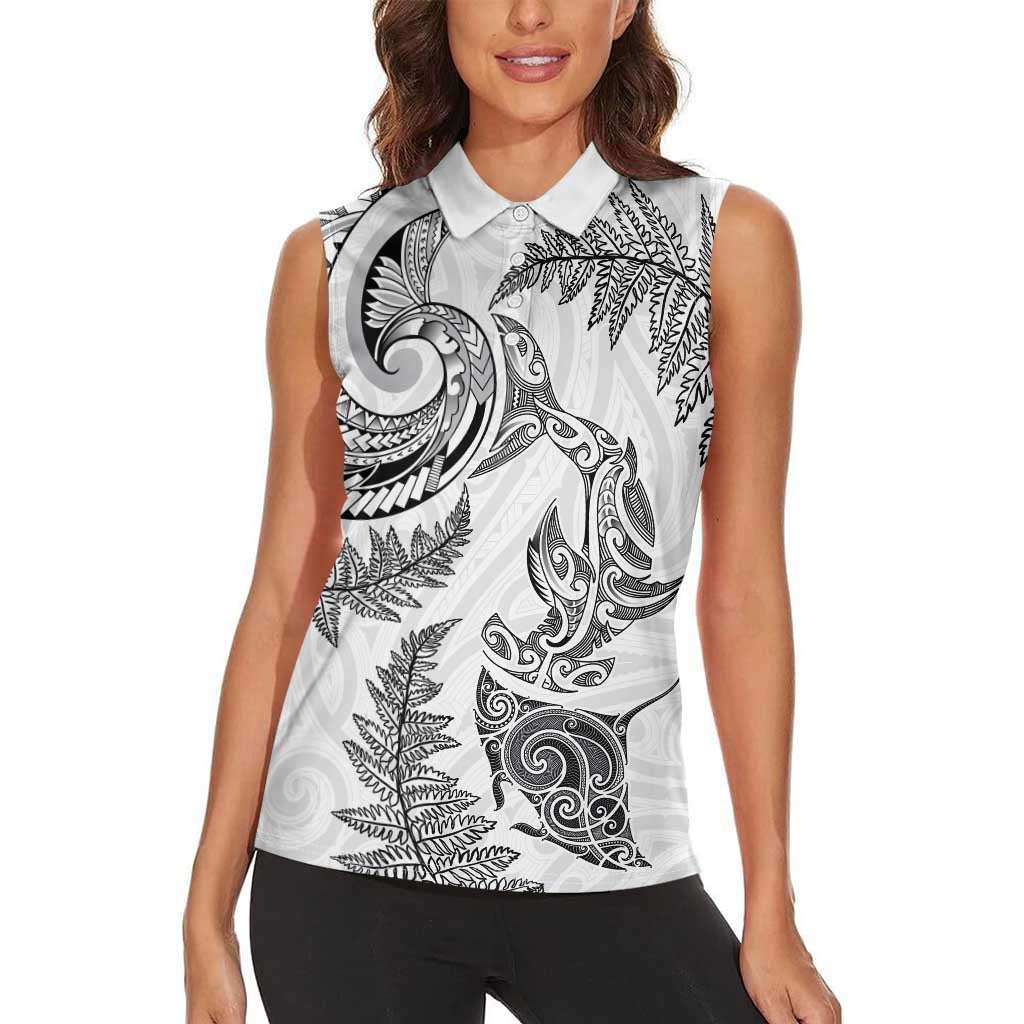 New Zealand Sea Animals with Maori Tribal Tattoo Women Sleeveless Polo Shirt Shark Manta Ray with Silver Fern White LT03 - Polynesian Pride