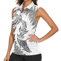 New Zealand Sea Animals with Maori Tribal Tattoo Women Sleeveless Polo Shirt Shark Manta Ray with Silver Fern White LT03 - Polynesian Pride