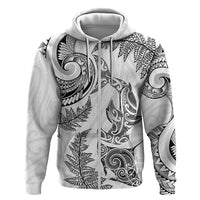 New Zealand Sea Animals with Maori Tribal Tattoo Zip Hoodie Shark Manta Ray with Silver Fern White LT03 Zip Hoodie White - Polynesian Pride