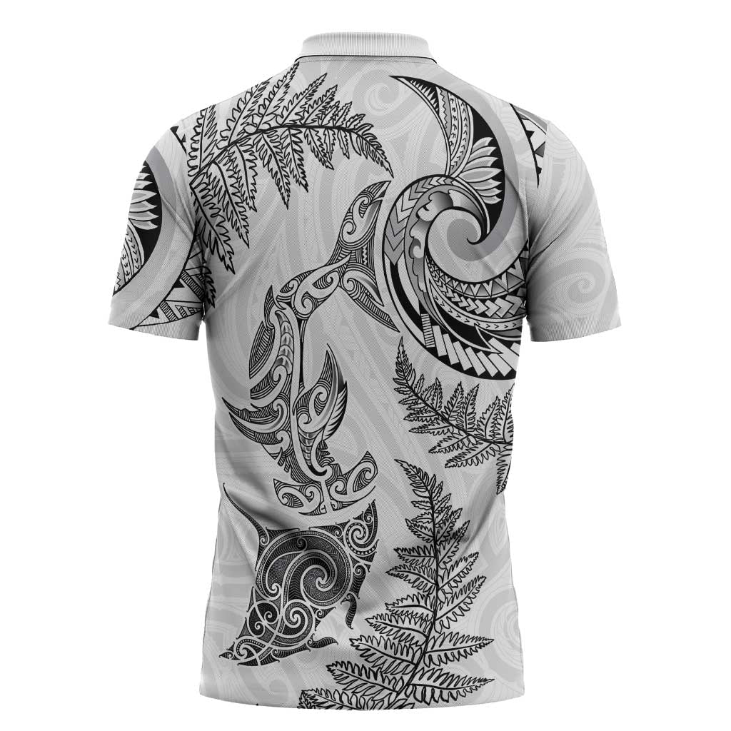 New Zealand Sea Animals with Maori Tribal Tattoo Zipper Polo Shirt Shark Manta Ray with Silver Fern White