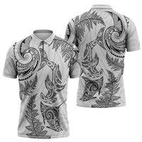 New Zealand Sea Animals with Maori Tribal Tattoo Zipper Polo Shirt Shark Manta Ray with Silver Fern White
