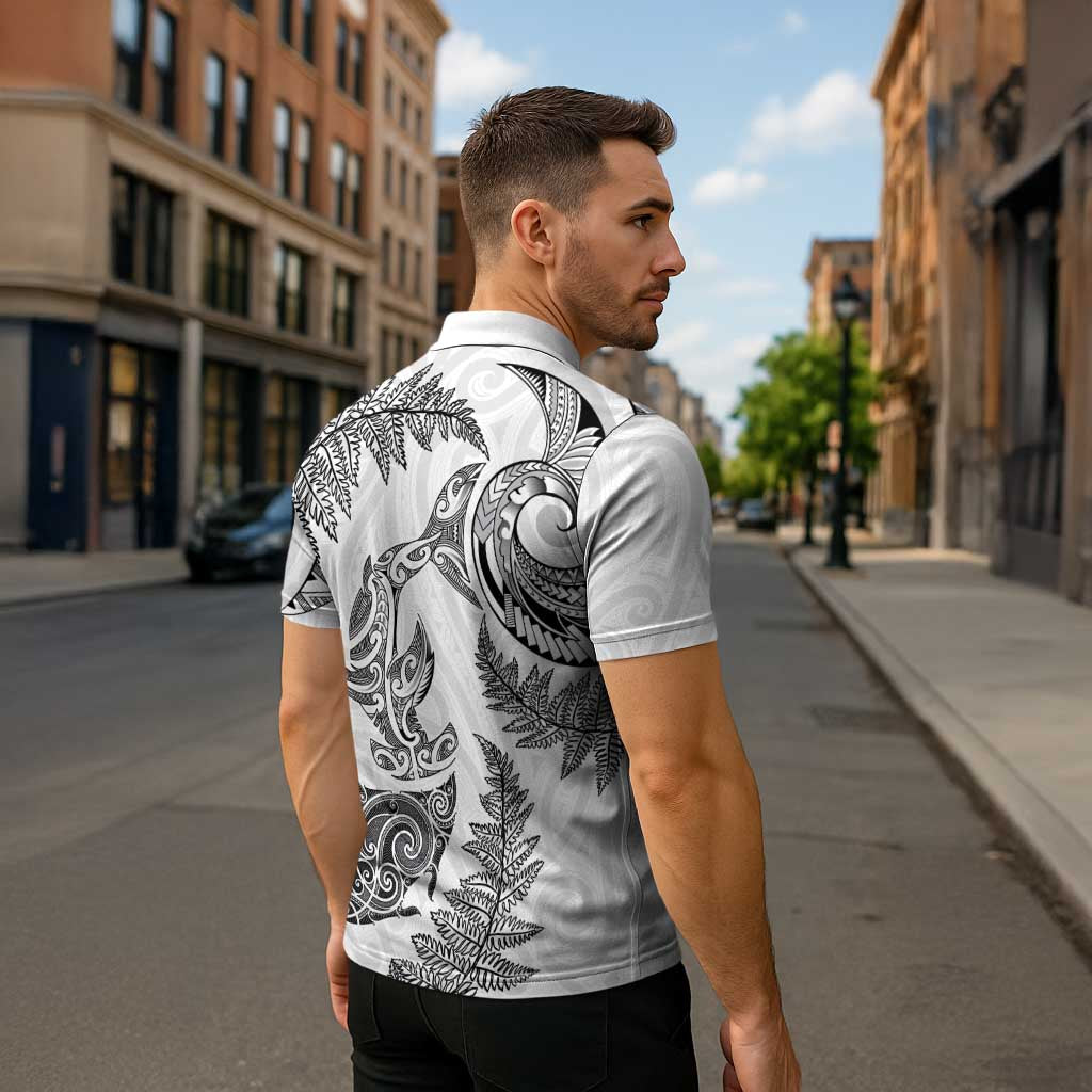 New Zealand Sea Animals with Maori Tribal Tattoo Zipper Polo Shirt Shark Manta Ray with Silver Fern White