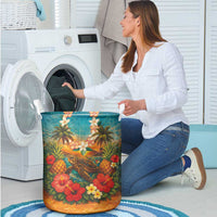 Hawaiian Turtles on Beach Laundry Basket with Pineapple Tropical Plant and Lei