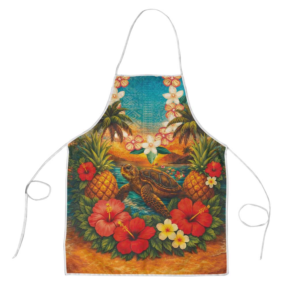 Hawaiian Turtles on Beach Apron with Pineapple Tropical Plant and Lei