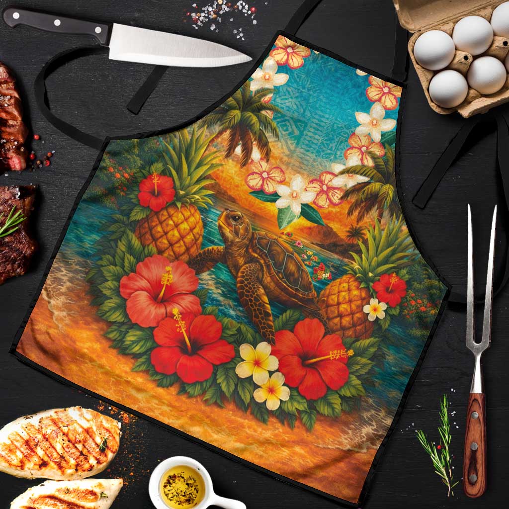 Hawaiian Turtles on Beach Apron with Pineapple Tropical Plant and Lei