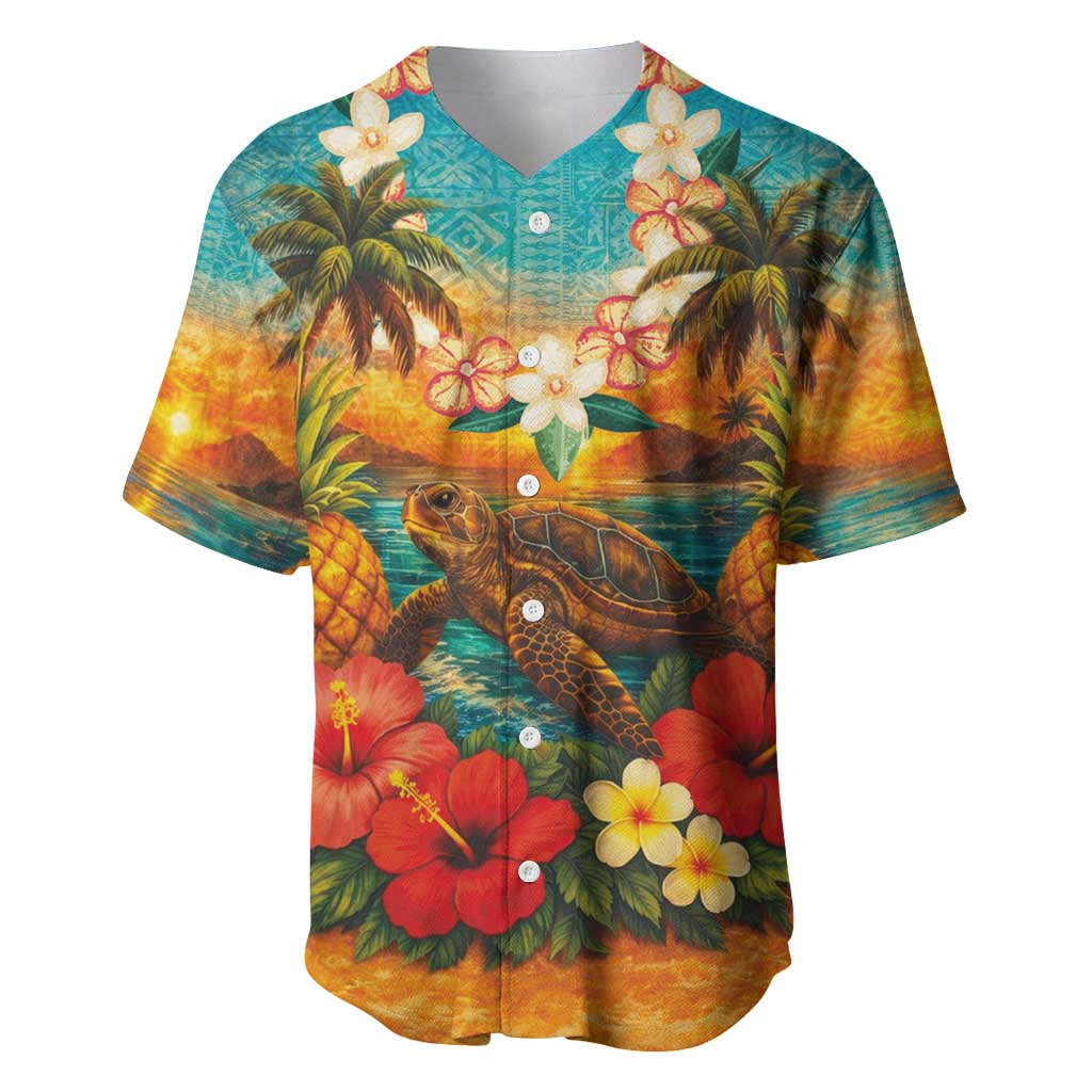 Hawaiian Turtles on Beach Baseball Jersey with Pineapple Tropical Plant and Lei
