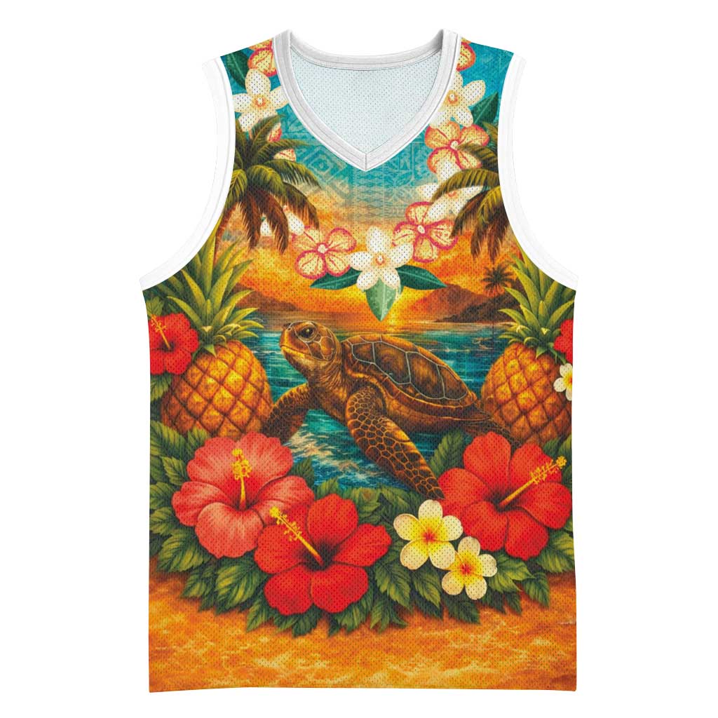 Hawaiian Turtles on Beach Basketball Jersey with Pineapple Tropical Plant and Lei
