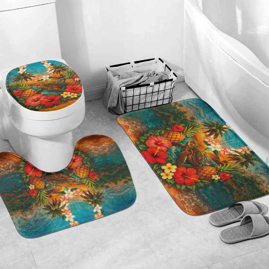 Hawaiian Turtles on Beach Bathroom Set with Pineapple Tropical Plant and Lei