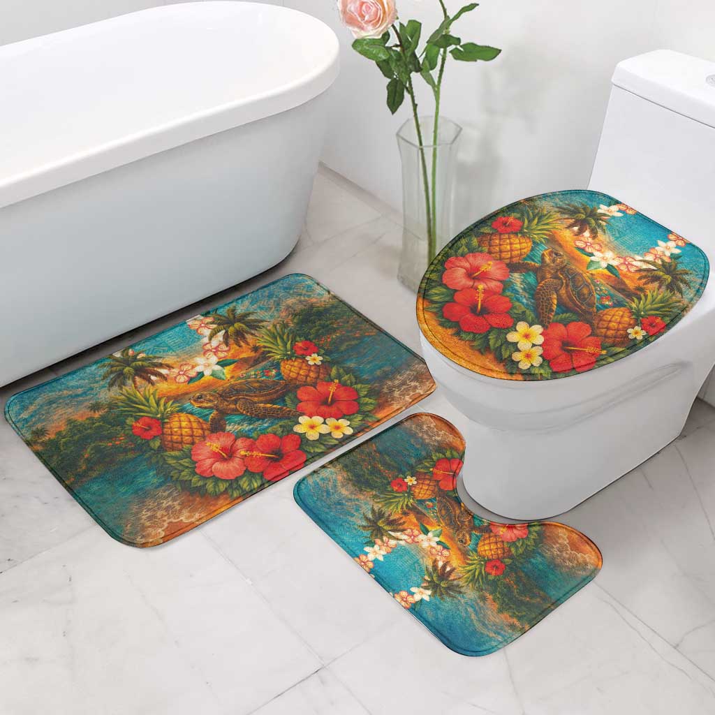 Hawaiian Turtles on Beach Bathroom Set with Pineapple Tropical Plant and Lei
