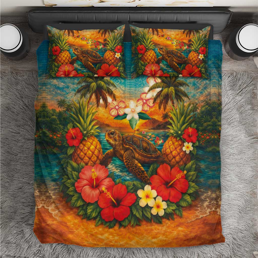 Hawaiian Turtles on Beach Bedding Set with Pineapple Tropical Plant and Lei
