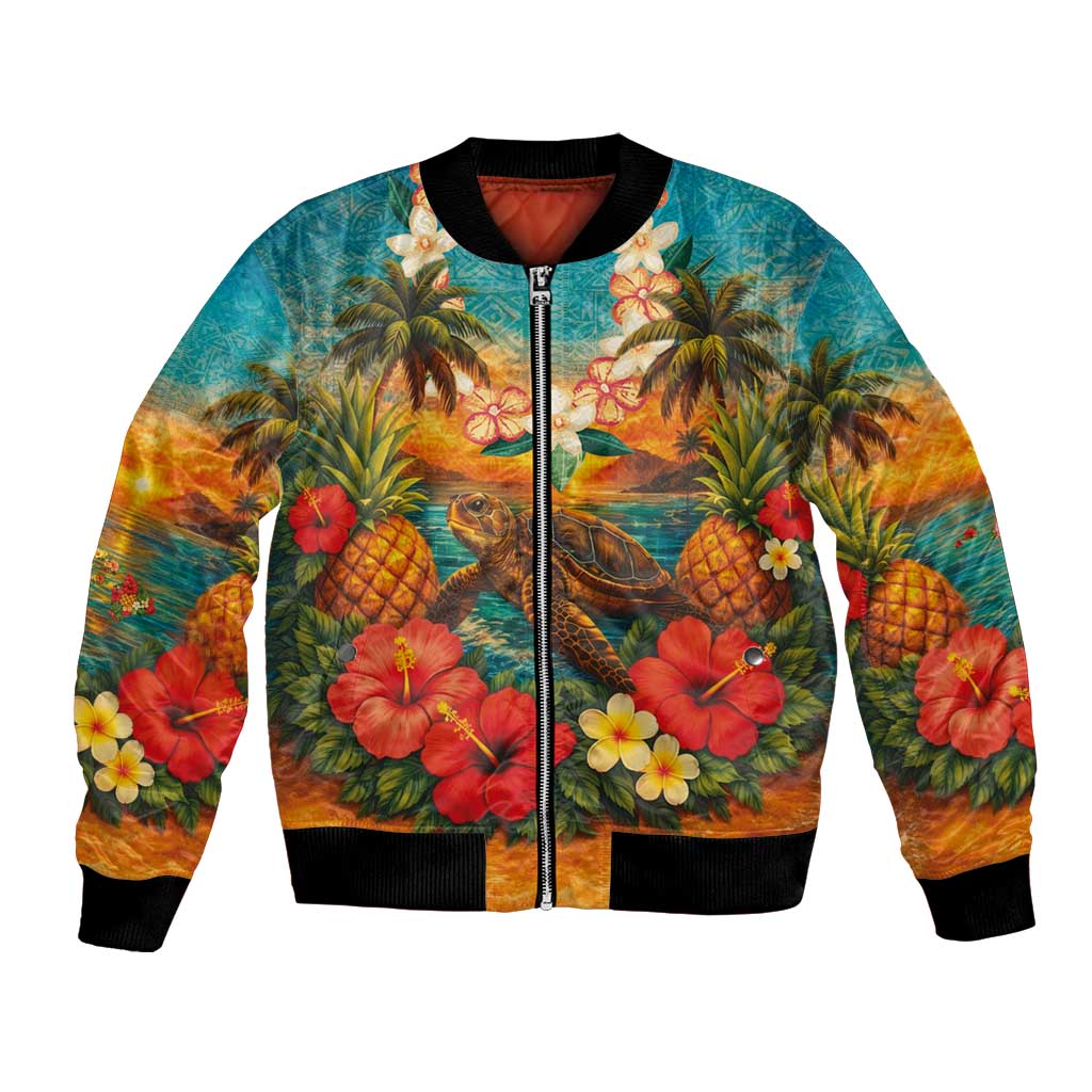 Hawaiian Turtles on Beach Bomber Jacket with Pineapple Tropical Plant and Lei