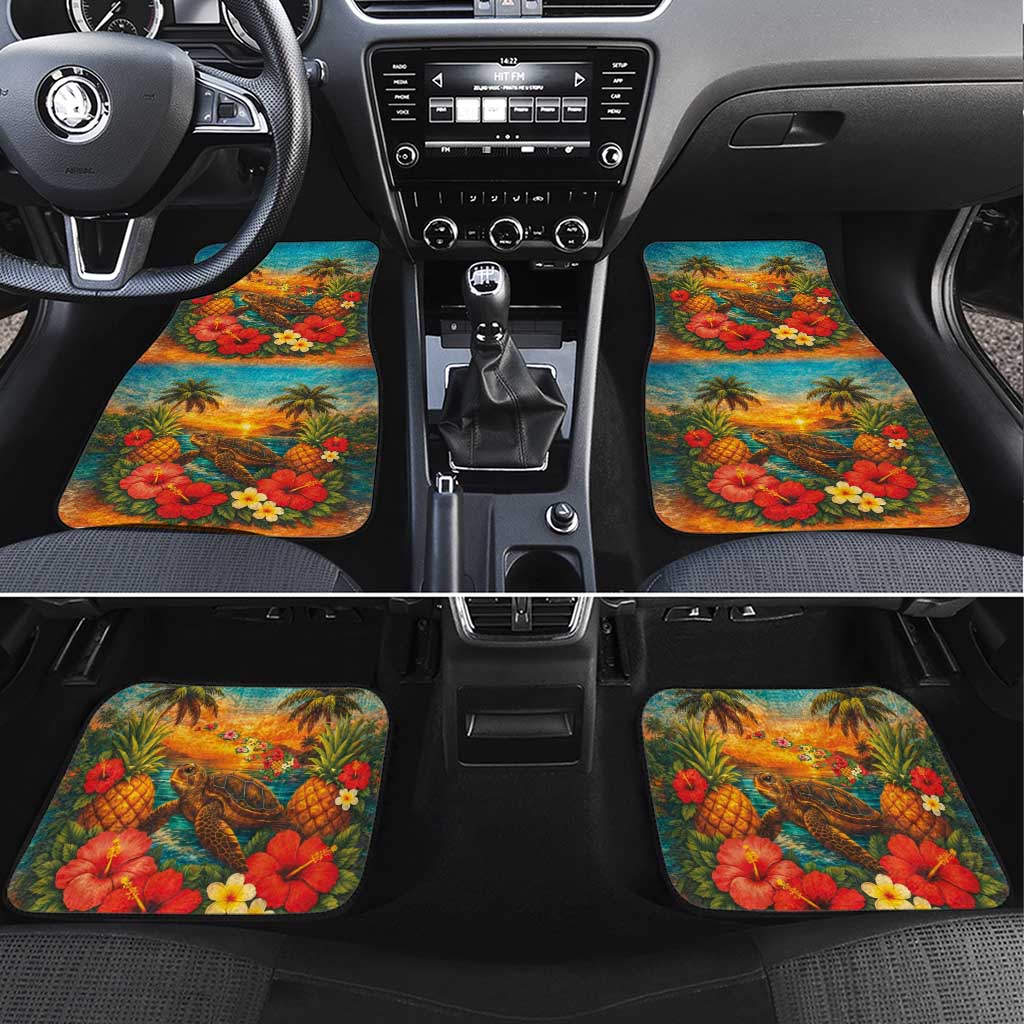 Hawaiian Turtles on Beach Car Mats with Pineapple Tropical Plant and Lei