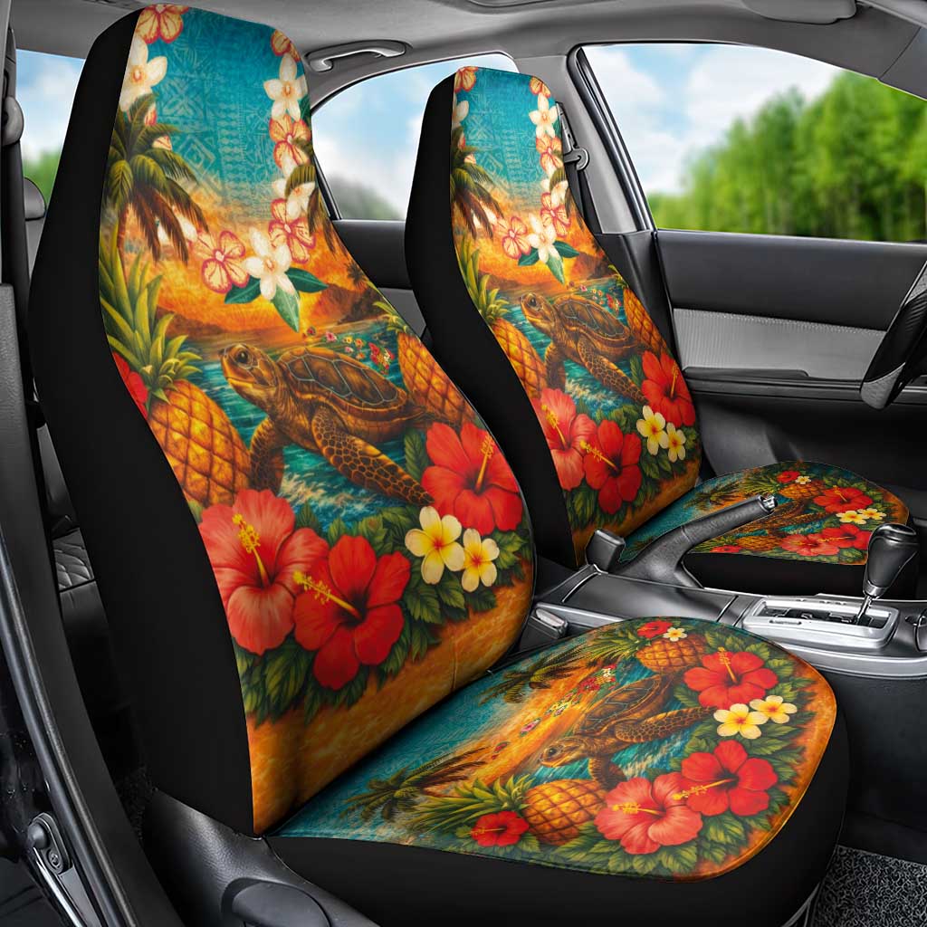 Hawaiian Turtles on Beach Car Seat Cover with Pineapple Tropical Plant and Lei