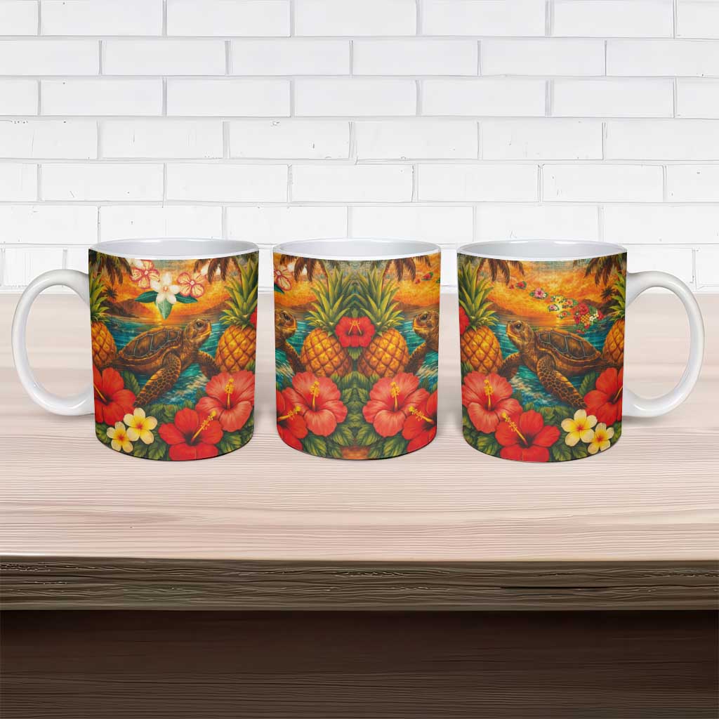 Hawaiian Turtles on Beach Ceramic Mug with Pineapple Tropical Plant and Lei