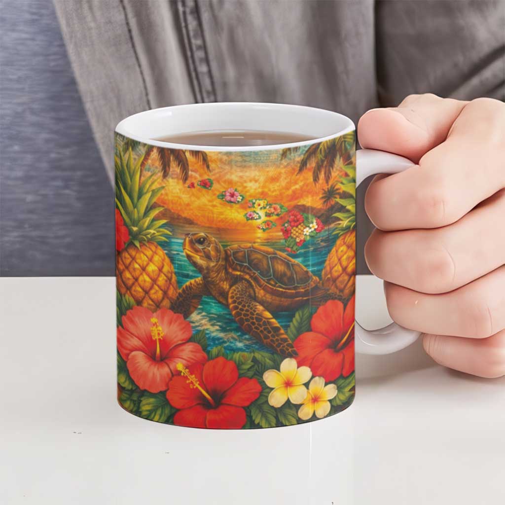 Hawaiian Turtles on Beach Ceramic Mug with Pineapple Tropical Plant and Lei