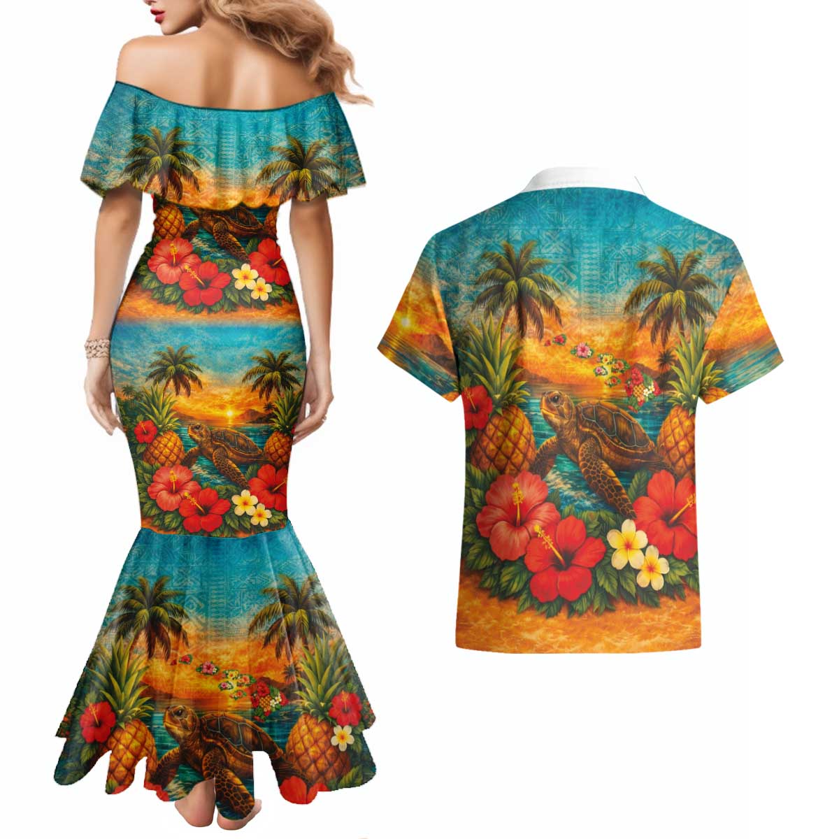 Hawaiian Turtles on Beach Couples Matching Mermaid Dress and Hawaiian Shirt with Pineapple Tropical Plant and Lei LT03 - Polynesian Pride