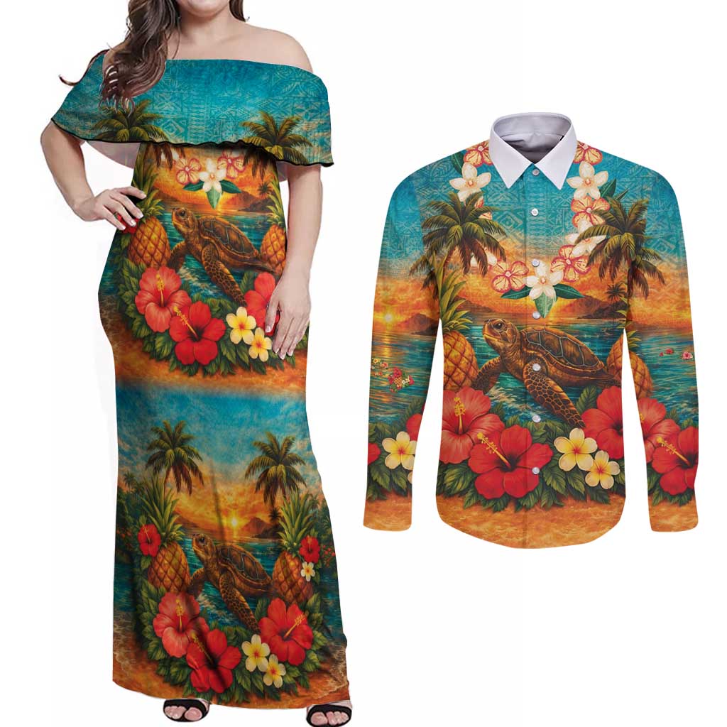 Hawaiian Turtles on Beach Couples Matching Off Shoulder Maxi Dress and Long Sleeve Button Shirt with Pineapple Tropical Plant and Lei LT03 Multicolor - Polynesian Pride