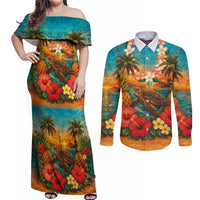 Hawaiian Turtles on Beach Couples Matching Off Shoulder Maxi Dress and Long Sleeve Button Shirt with Pineapple Tropical Plant and Lei LT03 Multicolor - Polynesian Pride