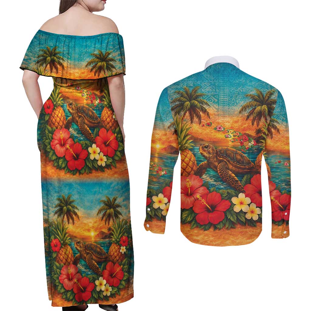 Hawaiian Turtles on Beach Couples Matching Off Shoulder Maxi Dress and Long Sleeve Button Shirt with Pineapple Tropical Plant and Lei LT03 - Polynesian Pride