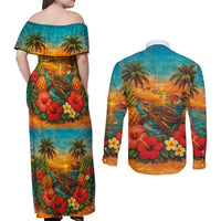 Hawaiian Turtles on Beach Couples Matching Off Shoulder Maxi Dress and Long Sleeve Button Shirt with Pineapple Tropical Plant and Lei LT03 - Polynesian Pride