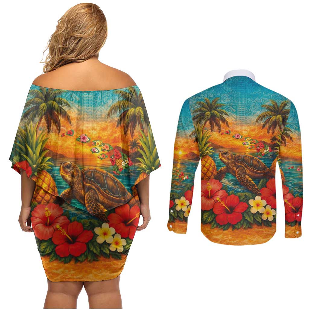 Hawaiian Turtles on Beach Couples Matching Off Shoulder Short Dress and Long Sleeve Button Shirt with Pineapple Tropical Plant and Lei