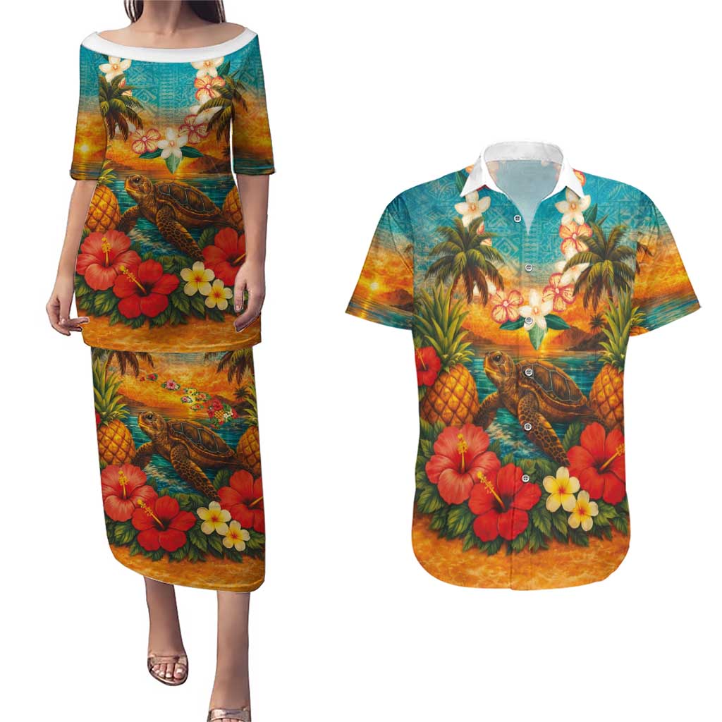 Hawaiian Turtles on Beach Couples Matching Puletasi and Hawaiian Shirt with Pineapple Tropical Plant and Lei