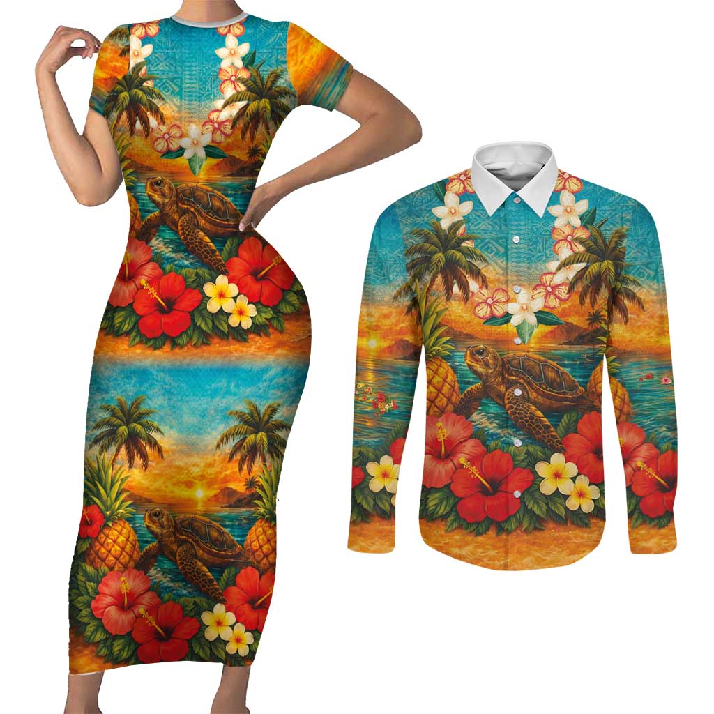 Hawaiian Turtles on Beach Couples Matching Short Sleeve Bodycon Dress and Long Sleeve Button Shirt with Pineapple Tropical Plant and Lei
