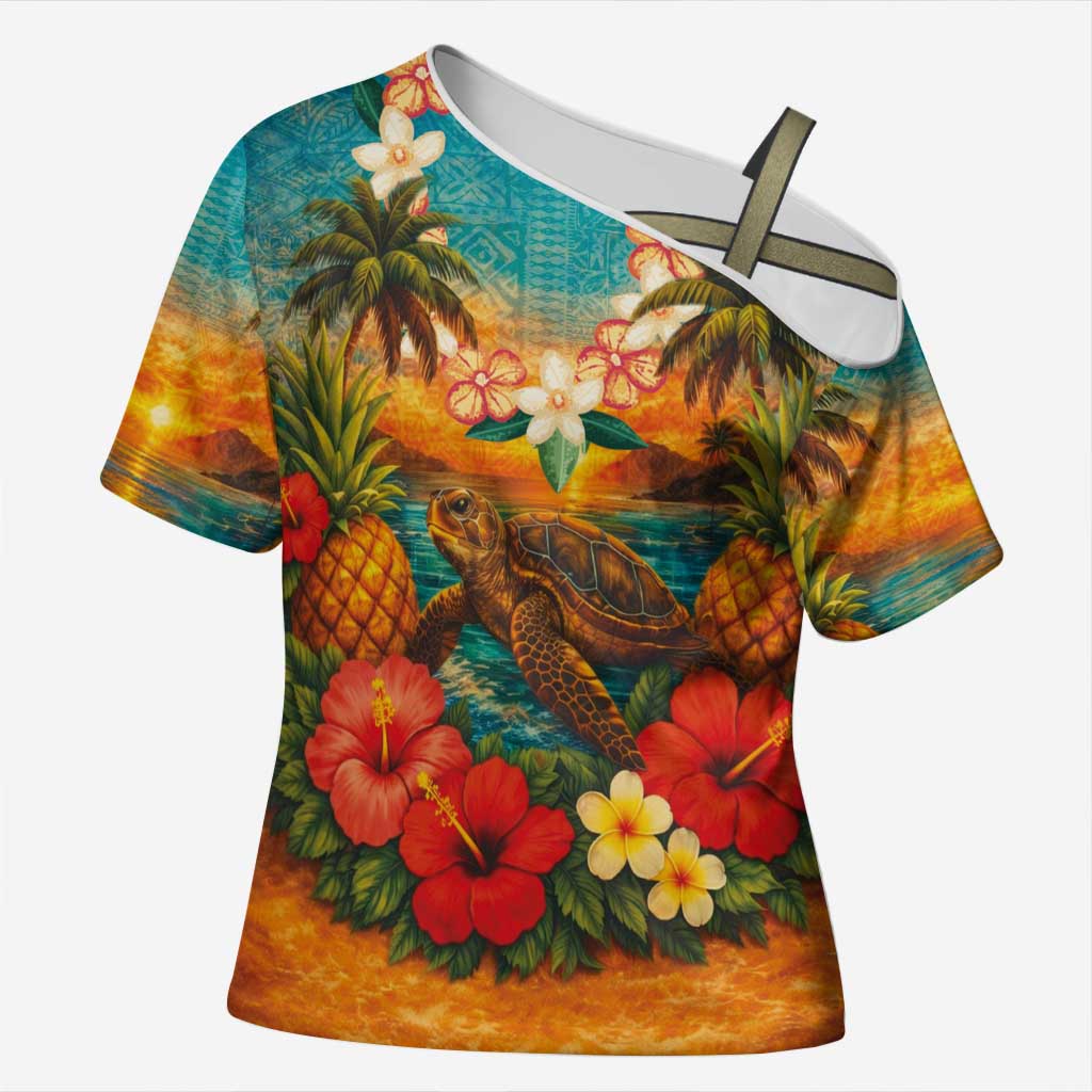 Hawaiian Turtles on Beach Cross Shoulder Shirt with Pineapple Tropical Plant and Lei
