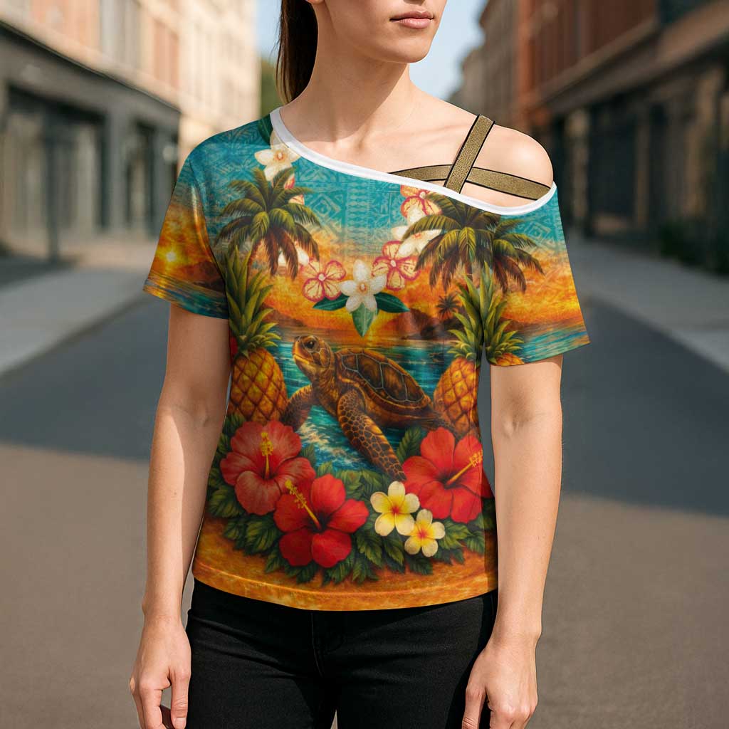 Hawaiian Turtles on Beach Cross Shoulder Shirt with Pineapple Tropical Plant and Lei