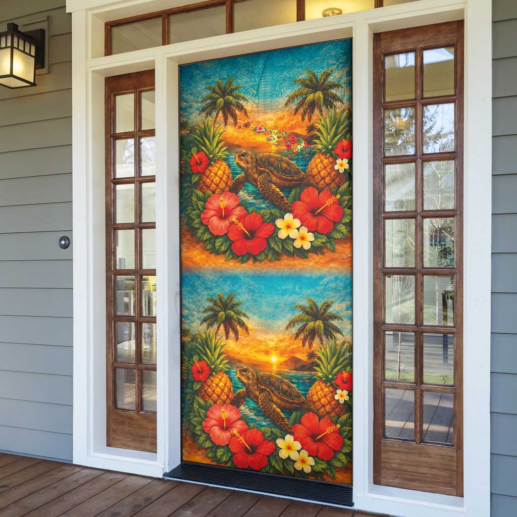 Hawaiian Turtles on Beach Door Cover with Pineapple Tropical Plant and Lei