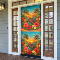 Hawaiian Turtles on Beach Door Cover with Pineapple Tropical Plant and Lei
