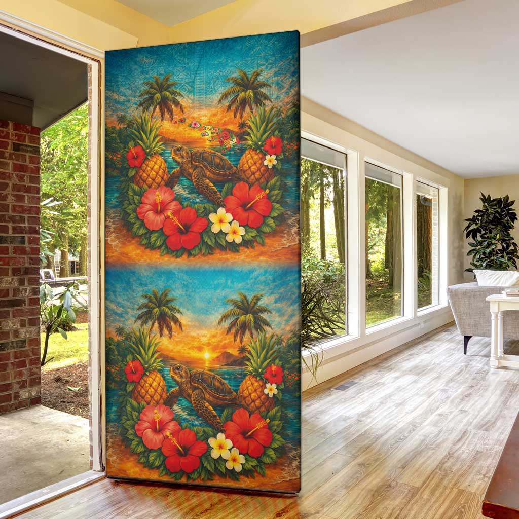 Hawaiian Turtles on Beach Door Cover with Pineapple Tropical Plant and Lei