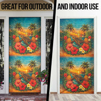 Hawaiian Turtles on Beach Door Cover with Pineapple Tropical Plant and Lei