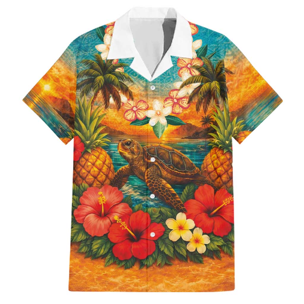 Hawaiian Turtles on Beach Family Matching Long Sleeve Bodycon Dress and Hawaiian Shirt with Pineapple Tropical Plant and Lei LT03 Dad's Shirt - Short Sleeve Multicolor - Polynesian Pride