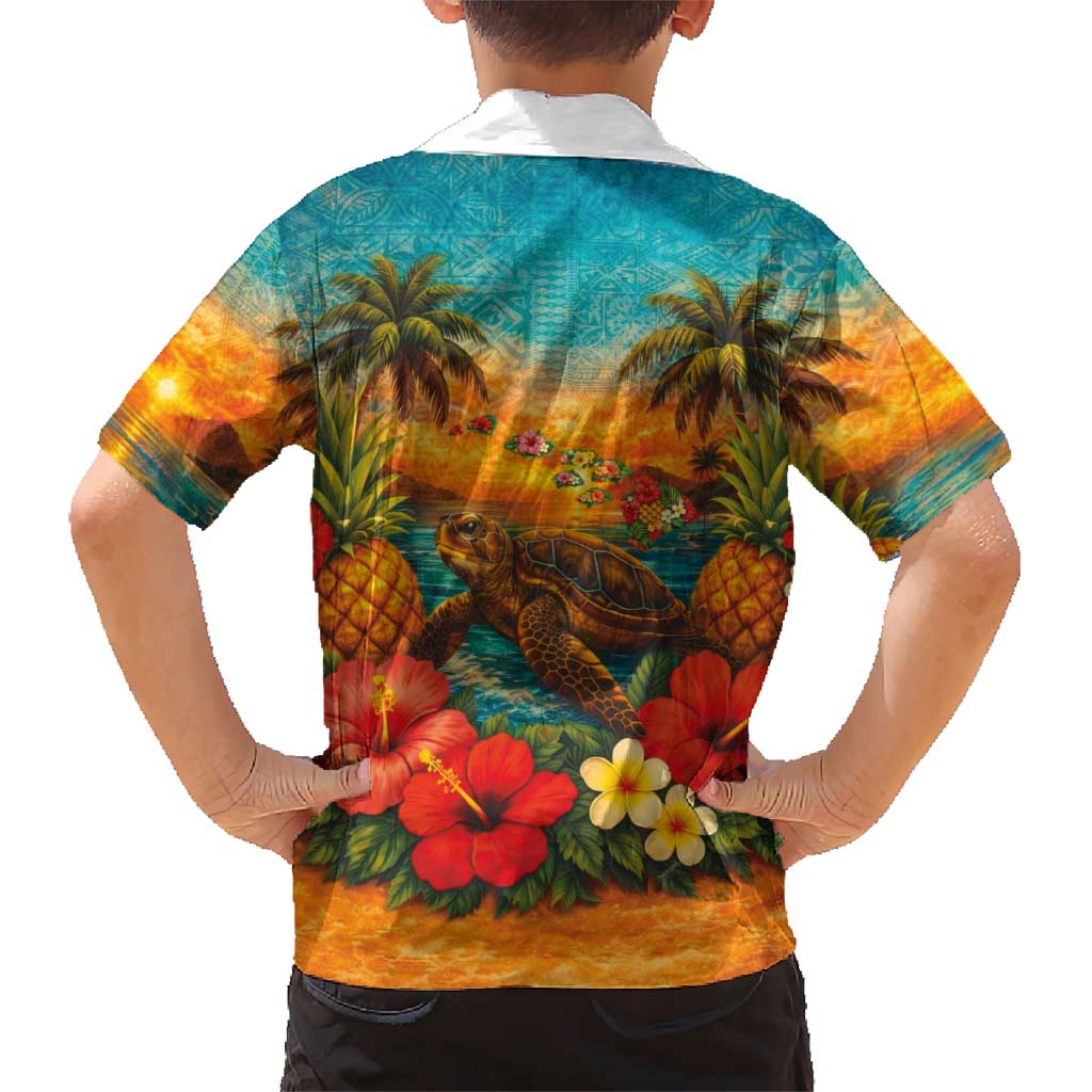 Hawaiian Turtles on Beach Family Matching Mermaid Dress and Hawaiian Shirt with Pineapple Tropical Plant and Lei LT03 - Polynesian Pride