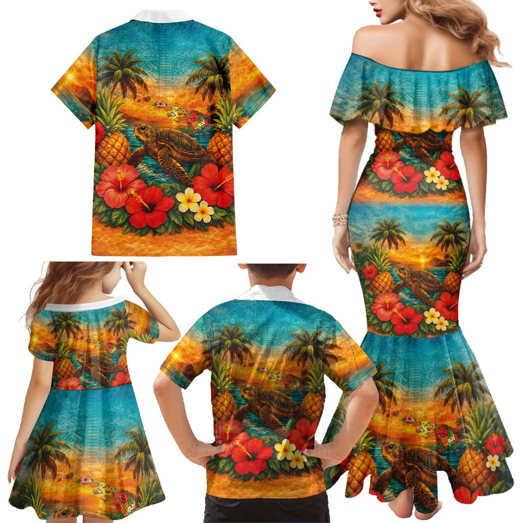 Hawaiian Turtles on Beach Family Matching Mermaid Dress and Hawaiian Shirt with Pineapple Tropical Plant and Lei LT03 - Polynesian Pride
