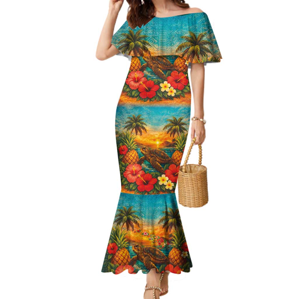 Hawaiian Turtles on Beach Family Matching Mermaid Dress and Hawaiian Shirt with Pineapple Tropical Plant and Lei LT03 Mom's Dress Multicolor - Polynesian Pride