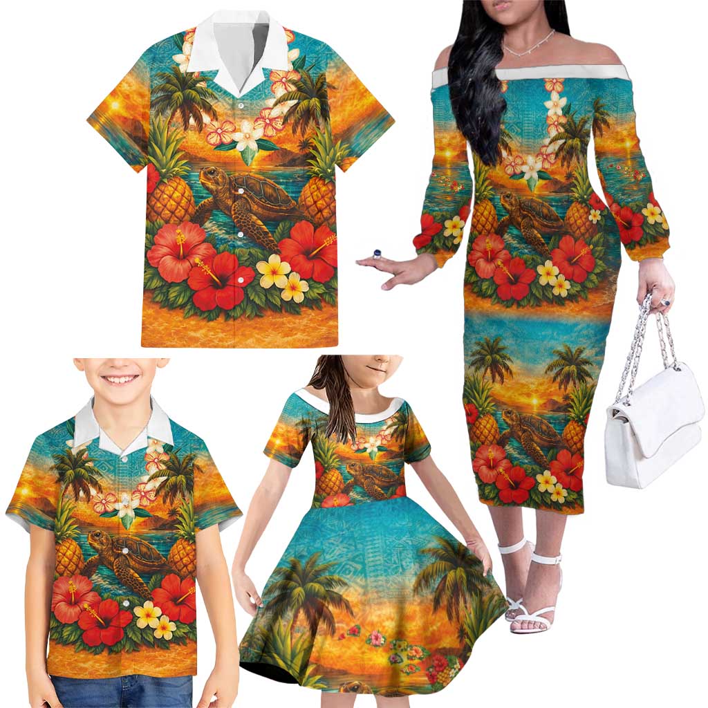 Hawaiian Turtles on Beach Family Matching Off The Shoulder Long Sleeve Dress and Hawaiian Shirt with Pineapple Tropical Plant and Lei LT03 - Polynesian Pride