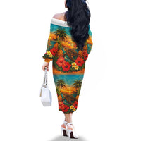 Hawaiian Turtles on Beach Family Matching Off The Shoulder Long Sleeve Dress and Hawaiian Shirt with Pineapple Tropical Plant and Lei LT03 - Polynesian Pride