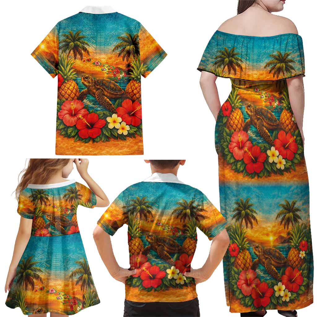 Hawaiian Turtles on Beach Family Matching Off Shoulder Maxi Dress and Hawaiian Shirt with Pineapple Tropical Plant and Lei LT03 - Polynesian Pride
