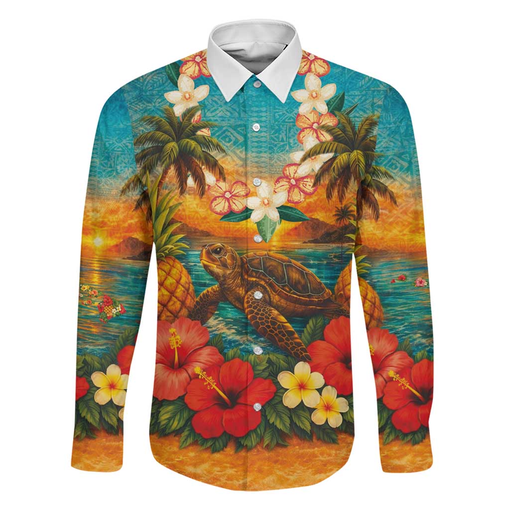 Hawaiian Turtles on Beach Family Matching Off Shoulder Maxi Dress and Hawaiian Shirt with Pineapple Tropical Plant and Lei LT03 Dad's Shirt - Long Sleeve Multicolor - Polynesian Pride