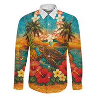 Hawaiian Turtles on Beach Family Matching Off Shoulder Maxi Dress and Hawaiian Shirt with Pineapple Tropical Plant and Lei LT03 Dad's Shirt - Long Sleeve Multicolor - Polynesian Pride