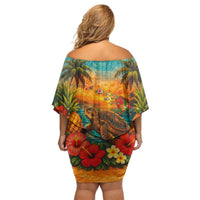 Hawaiian Turtles on Beach Family Matching Off Shoulder Short Dress and Hawaiian Shirt with Pineapple Tropical Plant and Lei LT03 - Polynesian Pride